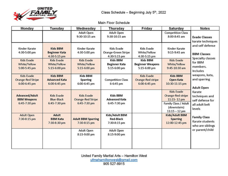 Summer Class Schedule UFMA Martial Arts Hamilton West